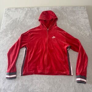 Nike Vintage Y2K Women's Full‎ Zip Velour Hoodie L Red Stripe Embroidered 2000's